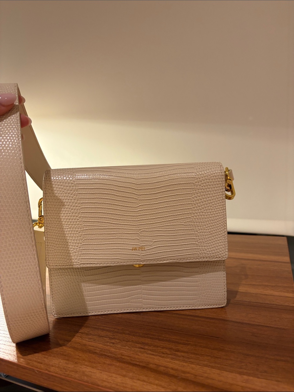 JW PEI Cream Textured Lizard-Embossed Crossbody with Gold Accents